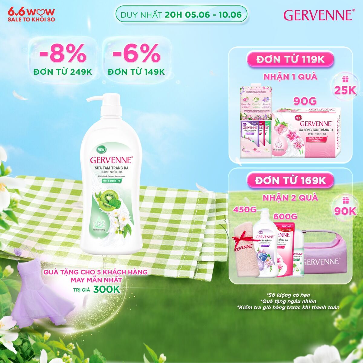 Sữa tắm trắng da hương nước hoa Gervenne Kiwi và Bạch Trà (900g/chai)